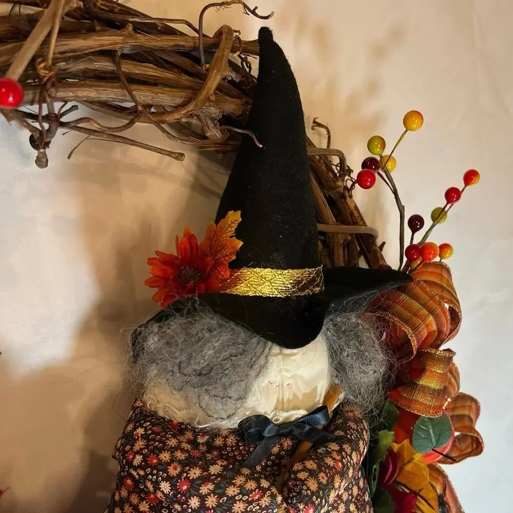 Vintage Halloween 17” Grapevine Wreath Witch Fall Leaves & Flowers Multicolor